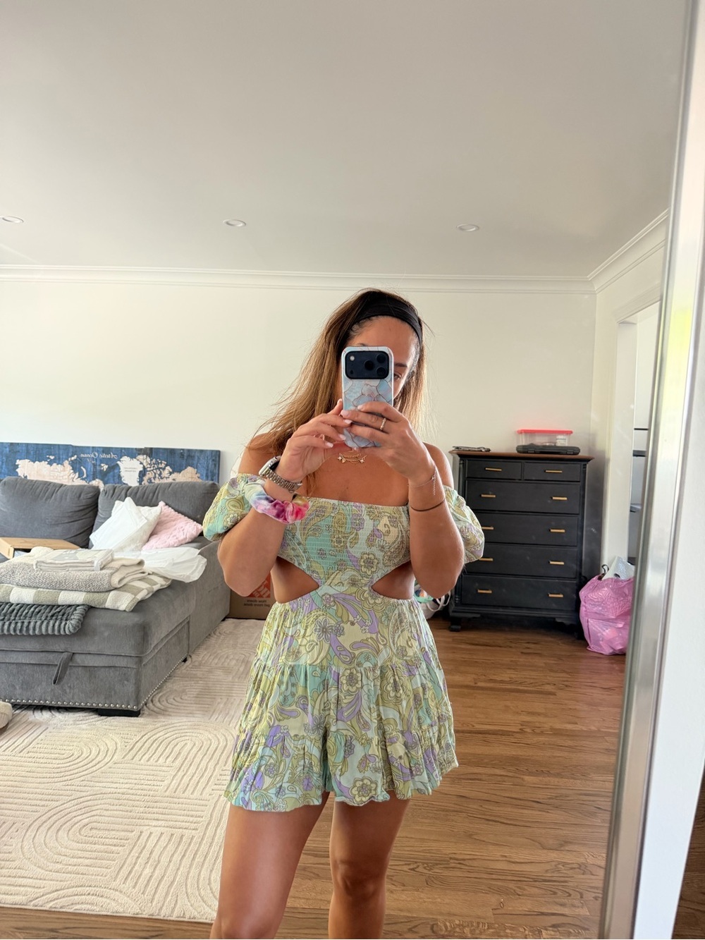 Pastel Paisley Cutout Mini Dress - Green & Lilac